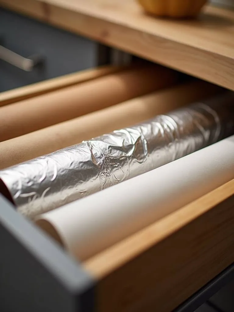 Image of a food wrap organizer placed within a kitchen drawer, displaying foil and paper wraps