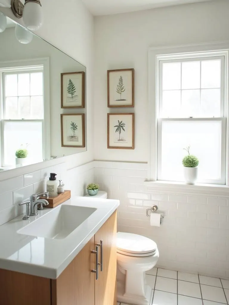  A modern bathroom with three framed botanical prints above a wooden vanity.