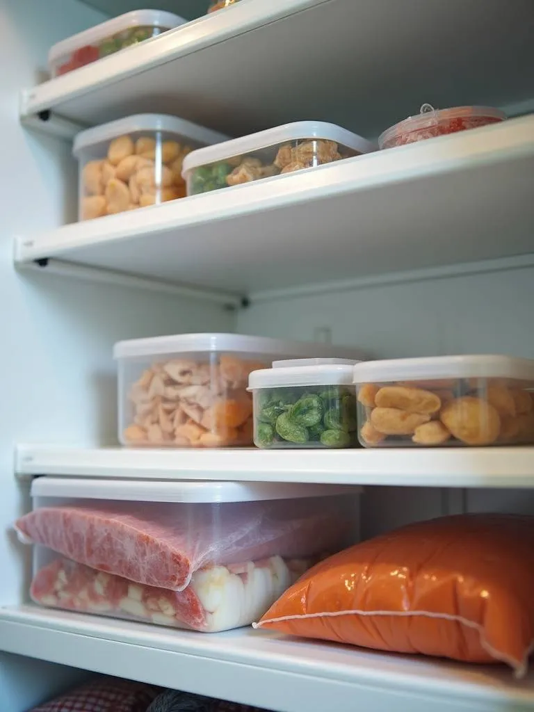 Image of a freezer storage bag organizer holding filled bags, placed inside the freezer for efficient food storage