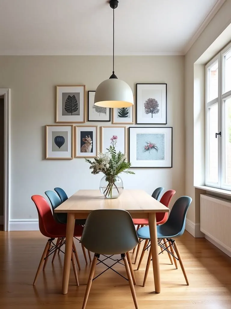 Dining room with a gallery wall accent featuring a variety of framed art prints