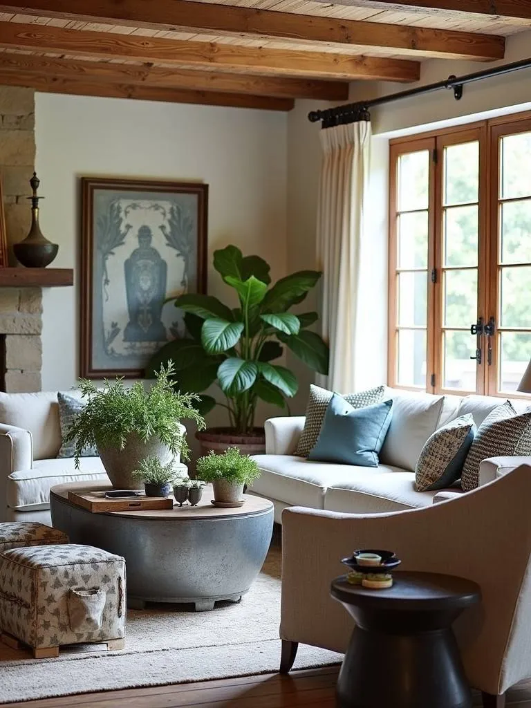 Galvanized metal accents in a rustic living room setting.