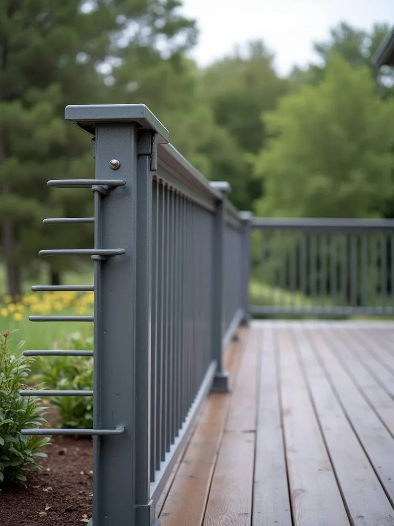 Deck featuring galvanized steel railings that adds an industrial vibe to the outdoor living area.