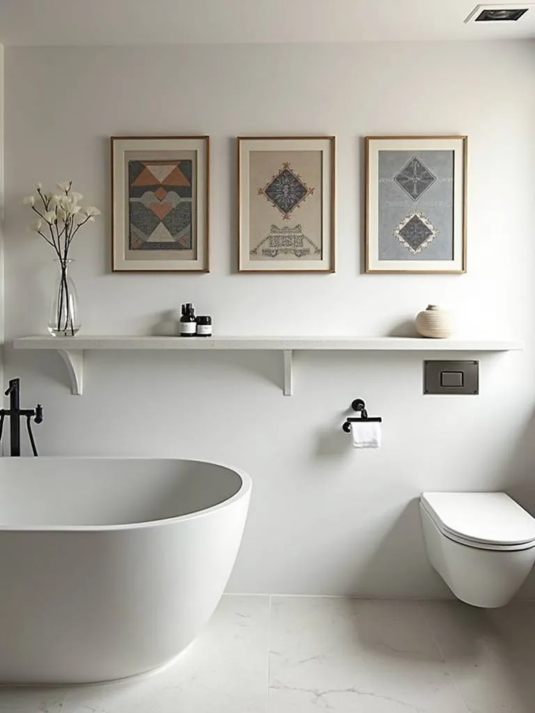 A contemporary bathroom with framed geometric pattern artworks above a minimalist floating shelf.