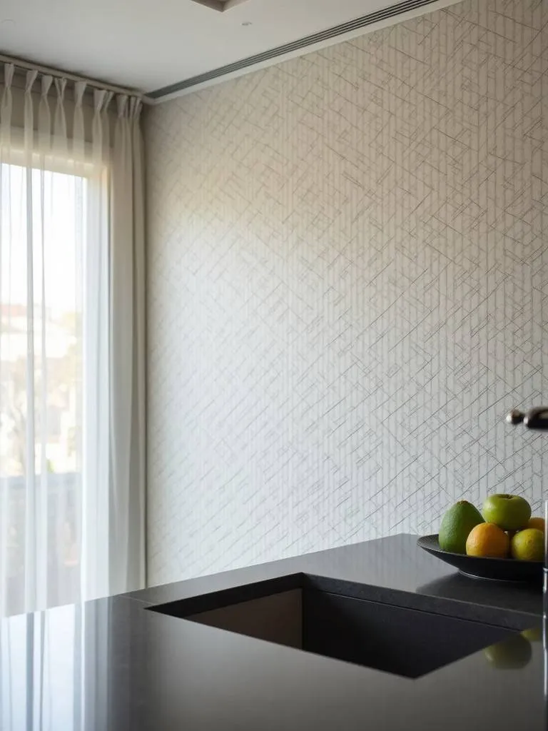 A kitchen with a geometric patterned vinyl wallpaper accent wall
