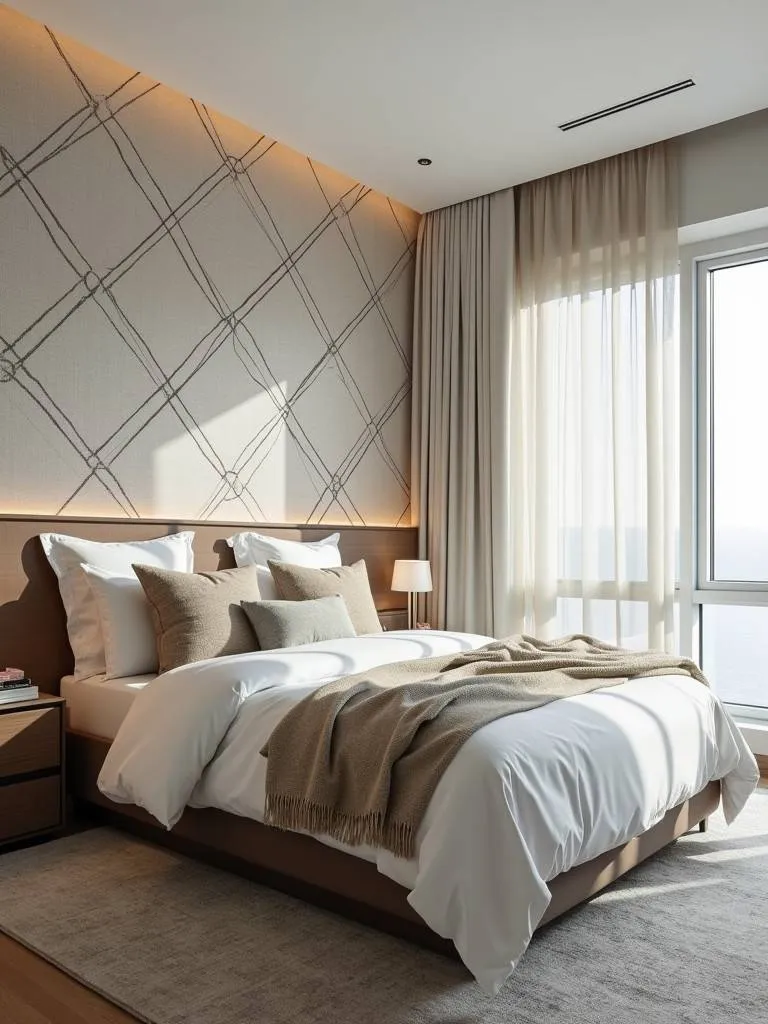 A contemporary bedroom featuring geometric patterns in the bedding and wall coverings, creating a bold, modern look