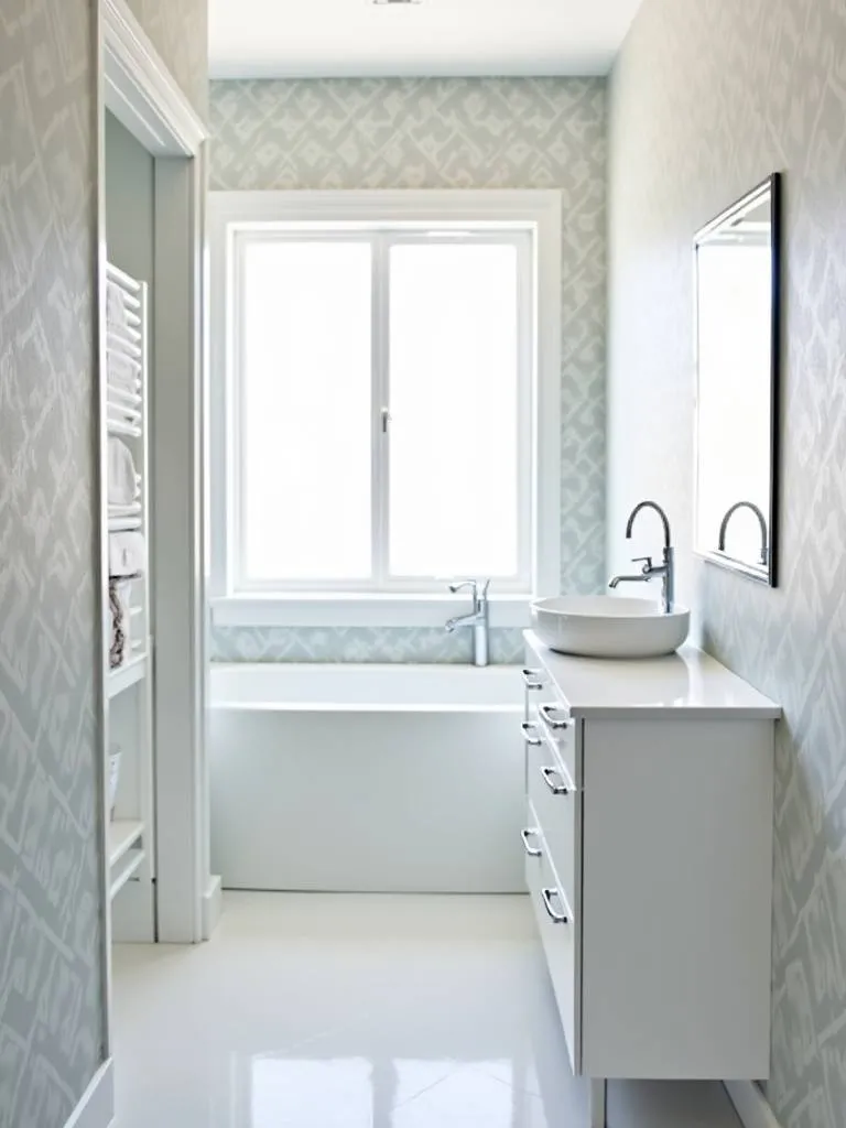 Modern small bathroom with geometric wallpaper.
