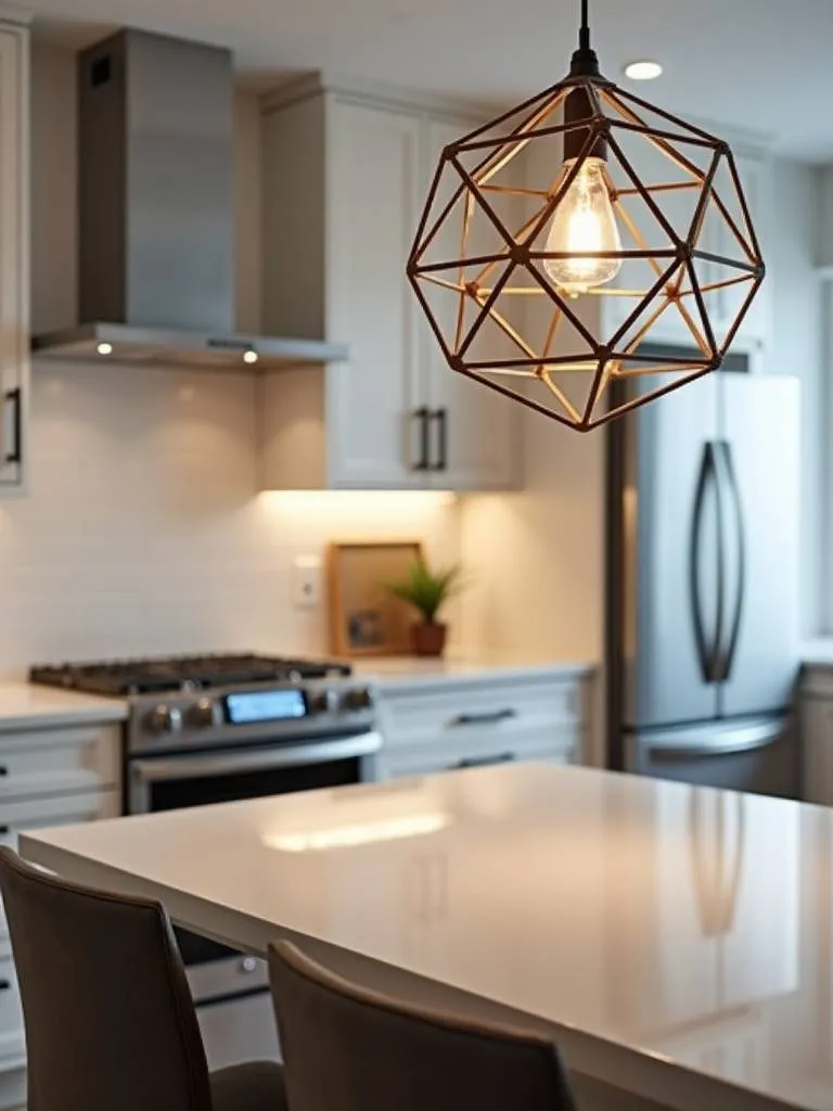 A modern kitchen with a unique geometric pendant above the table.
