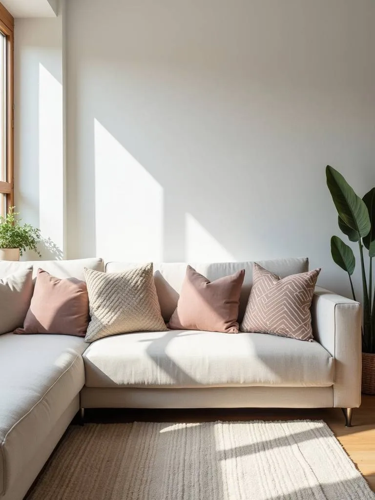 A minimalist living room sofa adorned with geometric throw pillows.