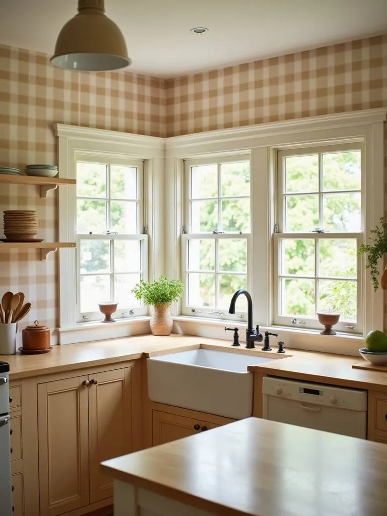 A kitchen featuring gingham pattern wallpaper on the walls