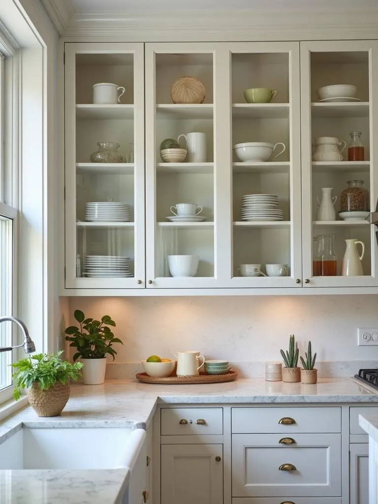 Kitchen with glass front cabinets.
