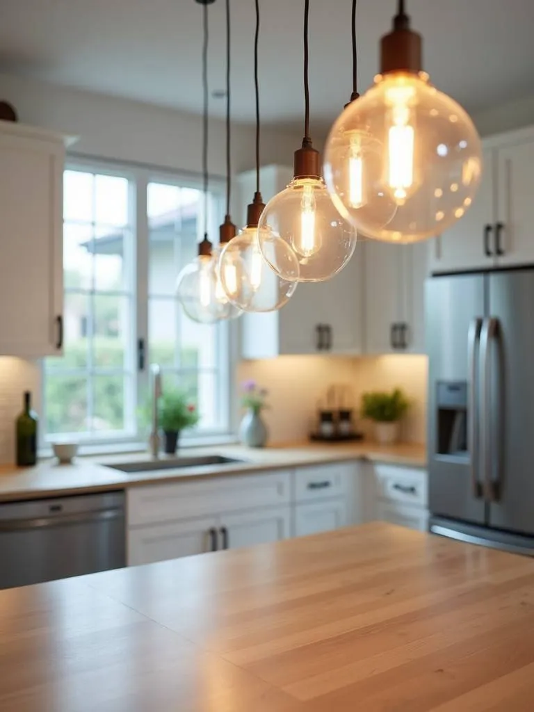 A bright modern kitchen with multiple glass globe pendants over an island.