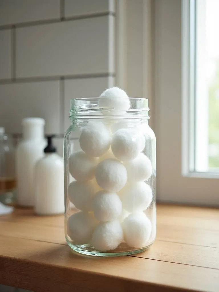 A clear glass jar filled with white cotton balls sitting on a wooden shelf