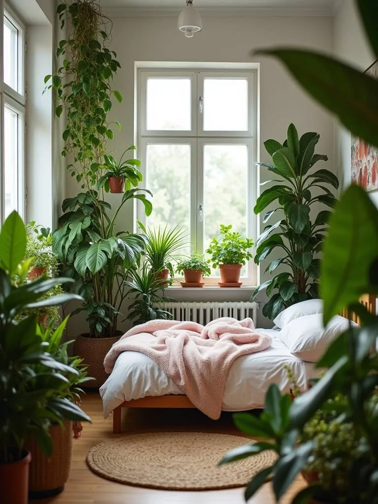 A small room feels organic and welcoming with a number of houseplants.