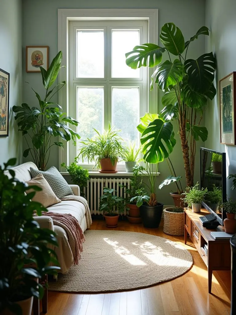 A living room filled with various indoor plants creating an urban jungle feel.