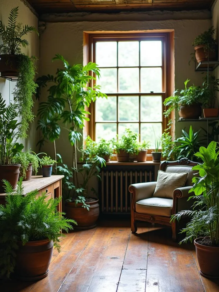 Greenery in rustic planters in a rustic living room.
