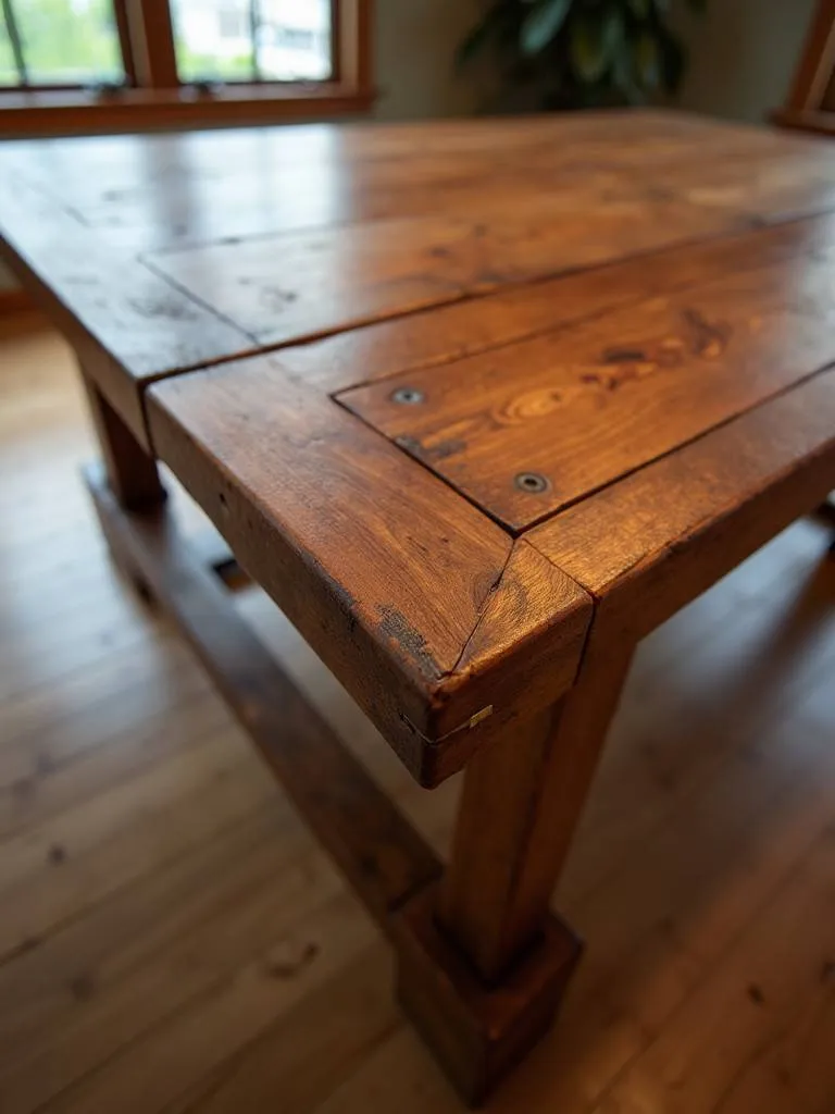 A hand-crafted farmhouse table showing unique details and finish, showcased in warm lighting and with wooden flooring