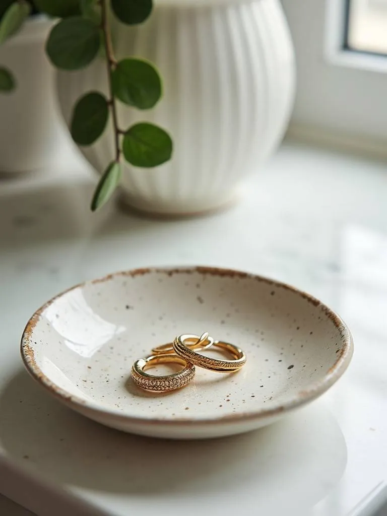 A bathroom counter with a handmade ceramic dish holding small pieces of jewelry