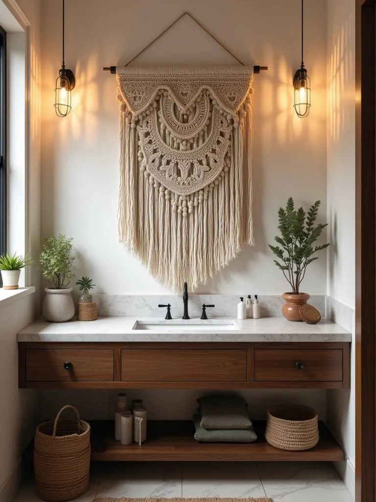 A bohemian-style bathroom with a neutral macrame wall hanging above a wooden vanity.