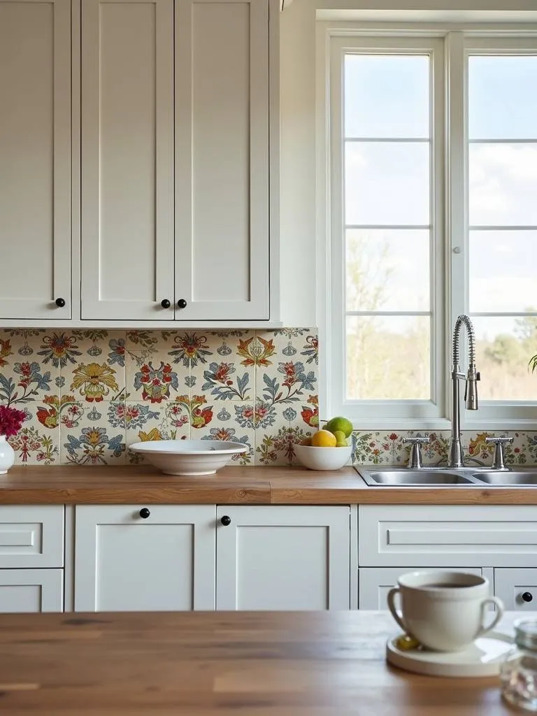 A kitchen with white cabinets and a handpainted tile backsplash