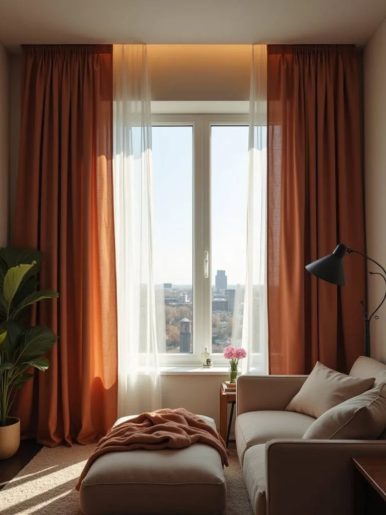 A small bedroom using curtains hung high up to make ceilings appear taller.