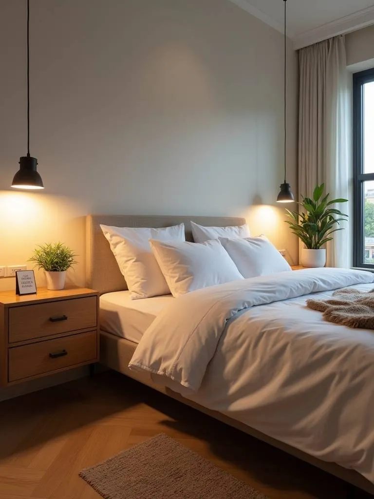 A well lit small bedroom showcasing the design elements of a floating nightstand.