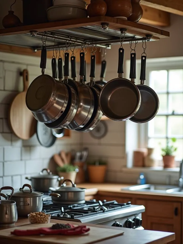 small kitchen with pots and pans hung on a rack above the kitchen island or stove, creating a rustic and organized kitchen setup.