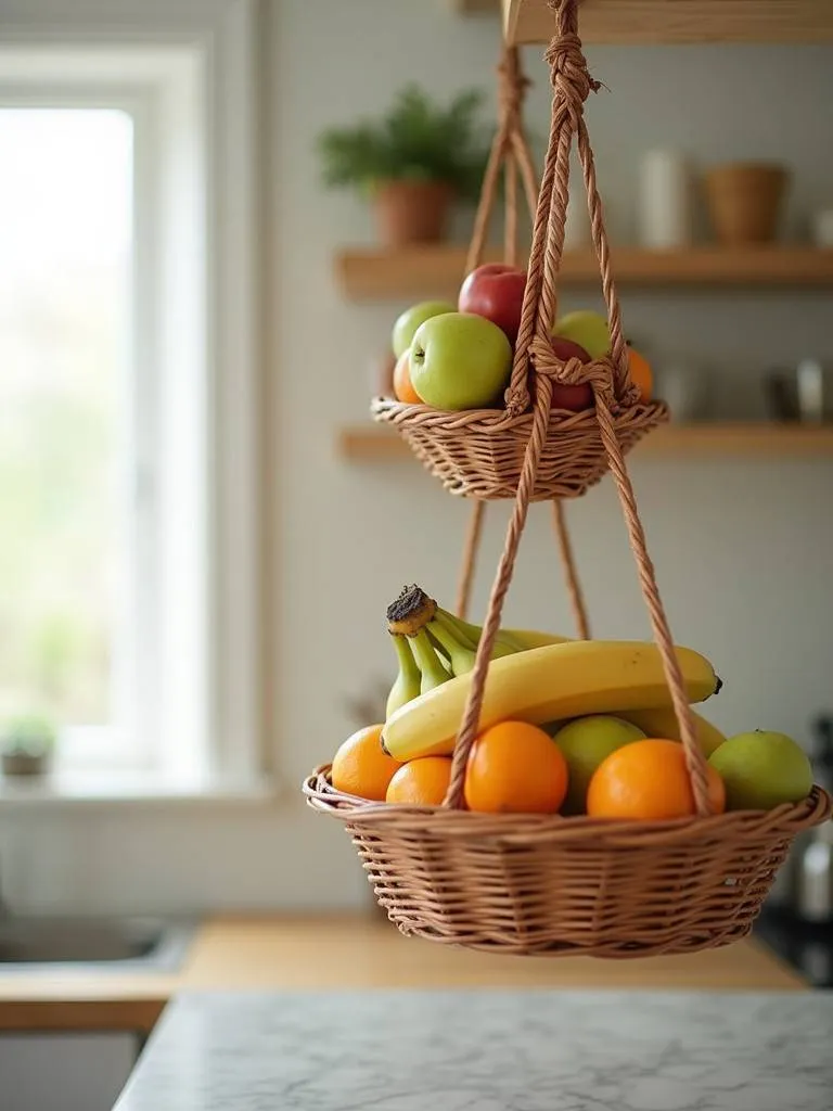 A hanging fruit basket filled with colorful fruits in a kitchen.