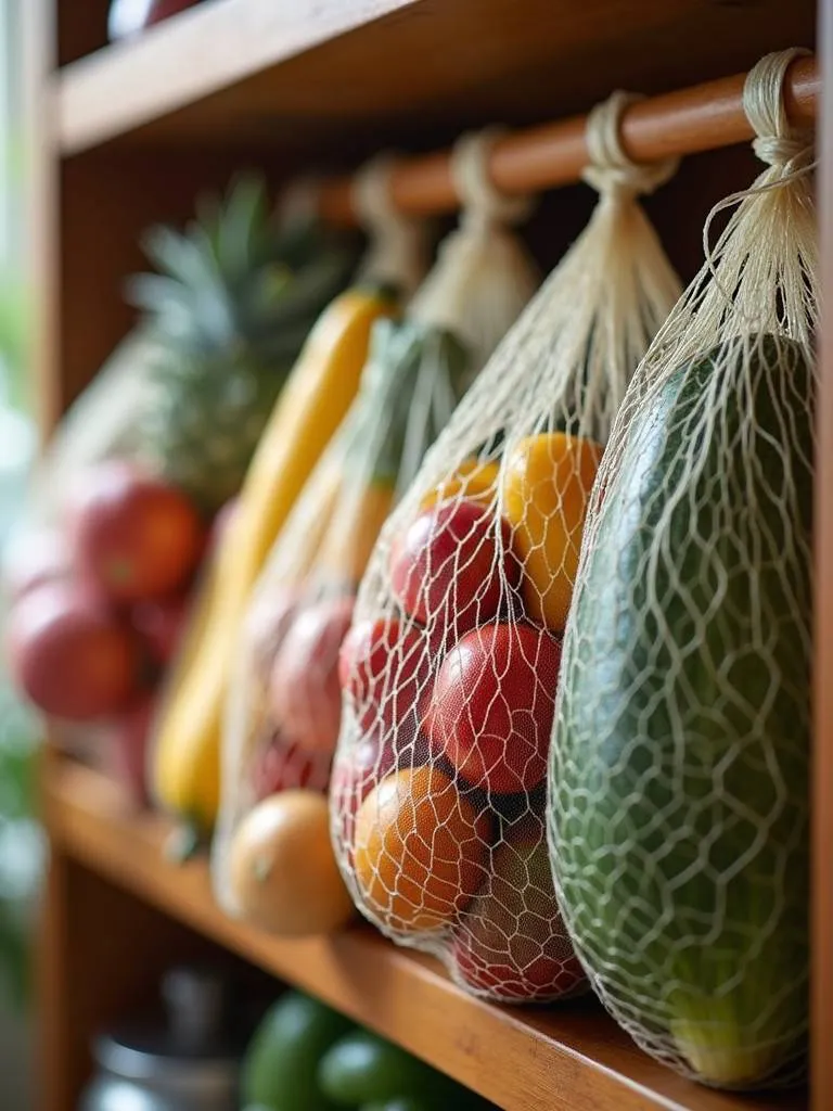 Hanging mesh bags filled with produce in a pantry