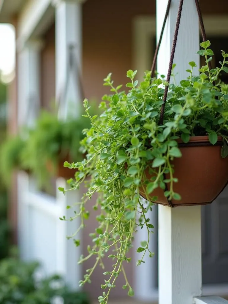 Hanging planters filled with cascading plants on a front porch.