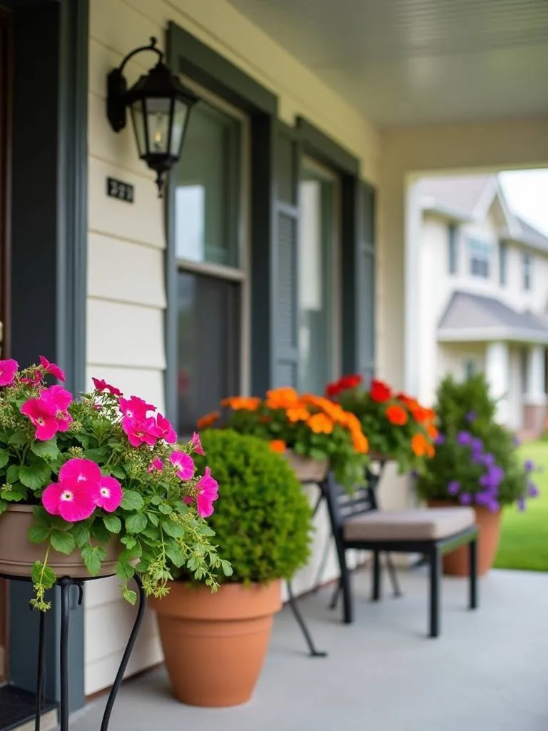 front porch idea with multiple hanging planters filled with colorful flowers.