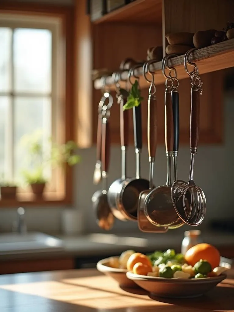 Image of hanging utensil racks mounted above a kitchen counter holding various kitchen utensils