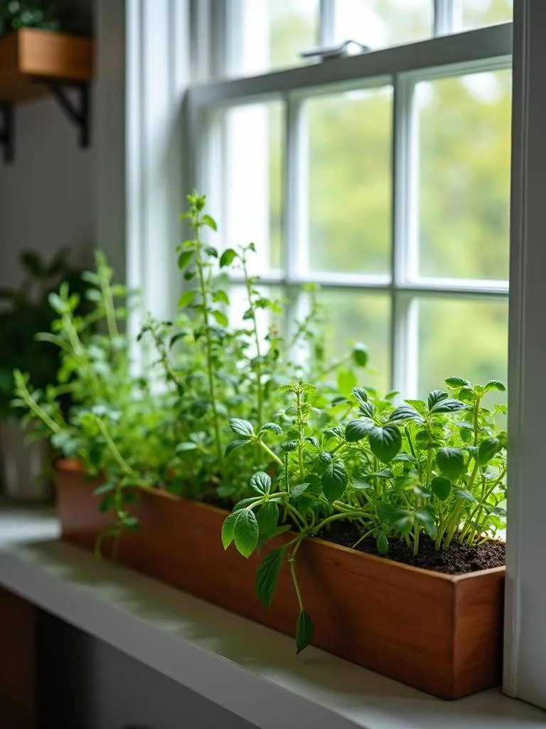 Kitchen window box with growing herbs.