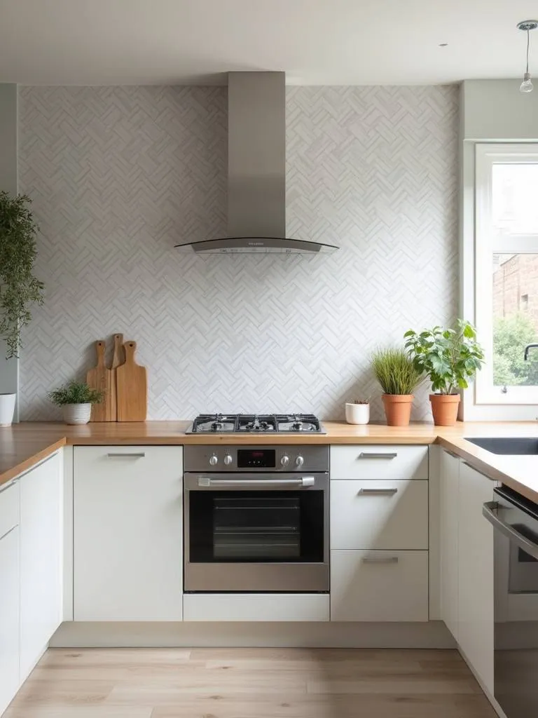 A modern kitchen featuring herringbone pattern wallpaper on the walls