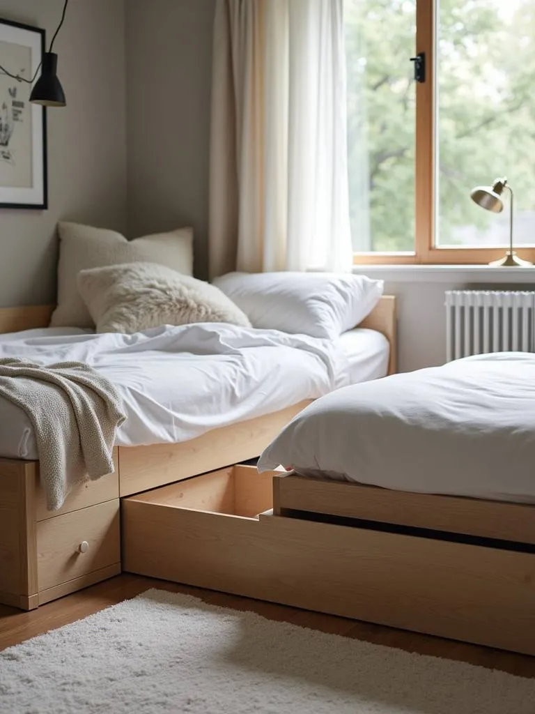 A well-organized bedroom using hidden storage solutions, such as under-bed drawers, to maintain a clean and uncluttered space