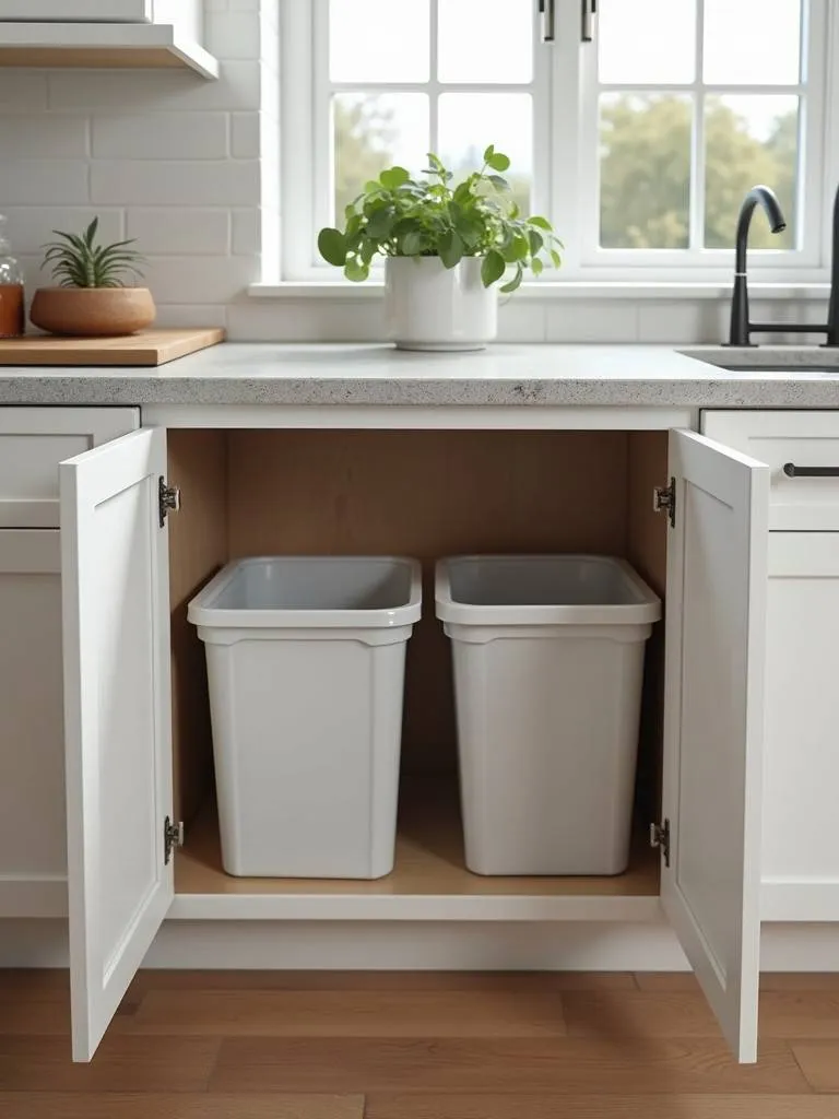 Modern kitchen with hidden trash and recycling bins.