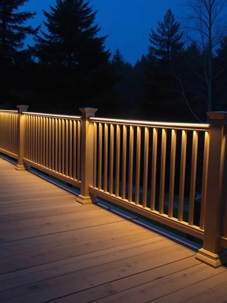 A deck that comes to life at night using LED lighting, transforming the railing into a source of gentle illumination.