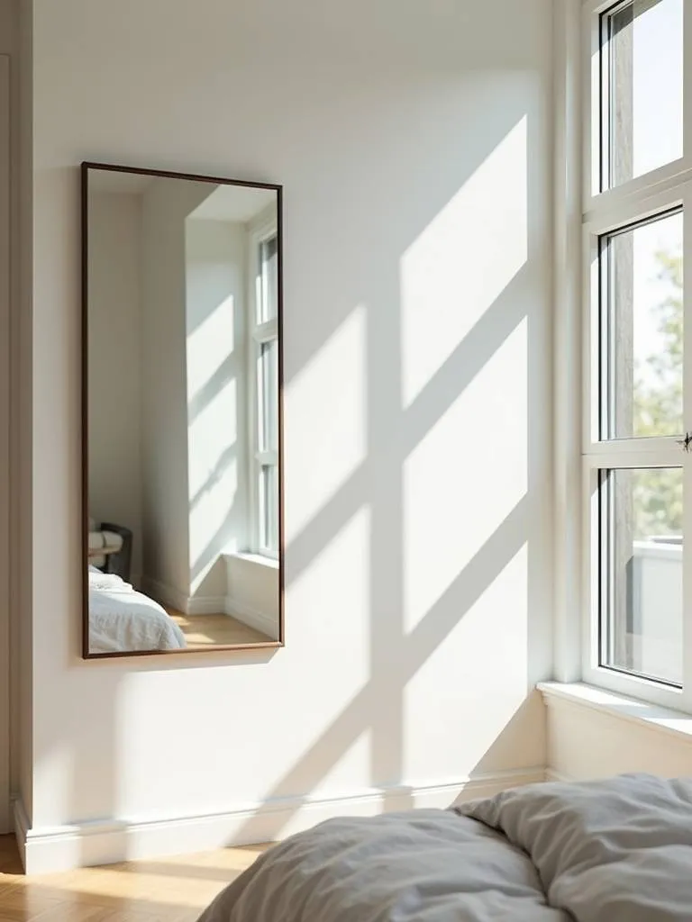 A small bedroom featuring a large mirror hung to reflect light and make space feel larger.