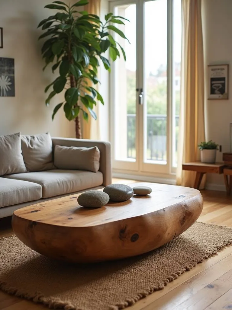A living room with natural light featuring a wooden coffee table with decorative stones.