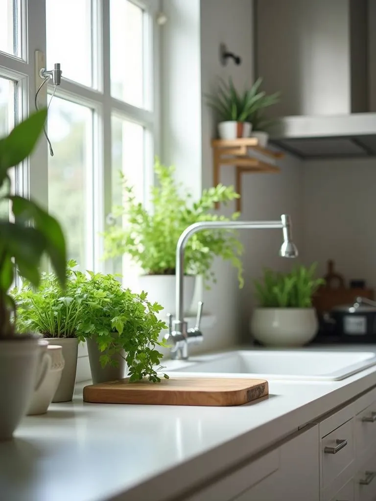 Modern kitchen with indoor plants including potted herbs on the counter.