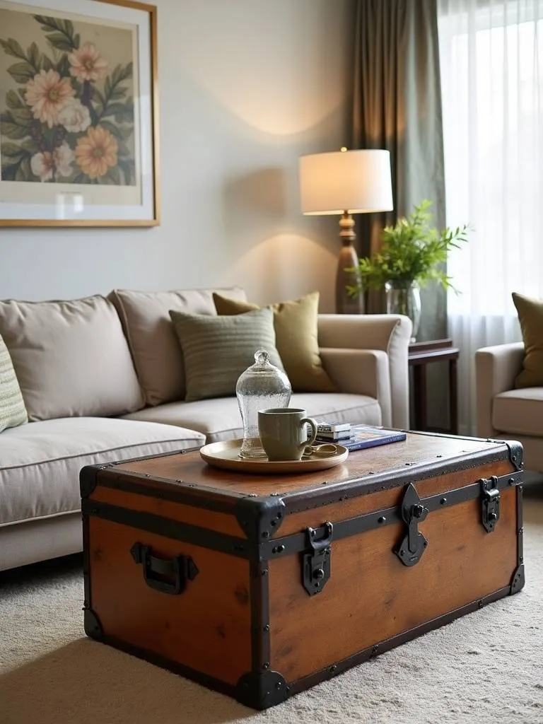 A living room with a vintage trunk serving as a unique coffee table.