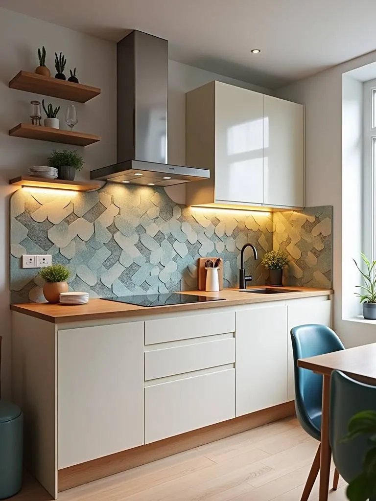 A professional, wide-angle photograph of a small kitchen with a visually appealing and colorful backsplash, showcasing a focal point of the space.