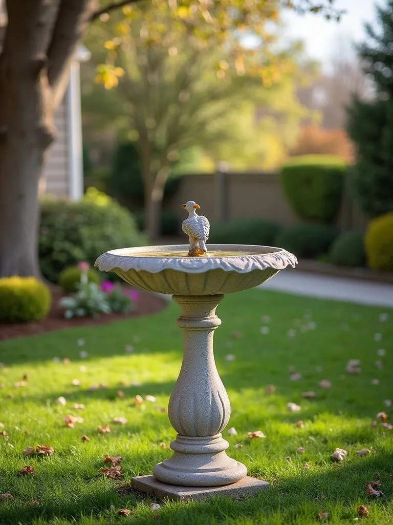 Birdbath set in a lush green garden