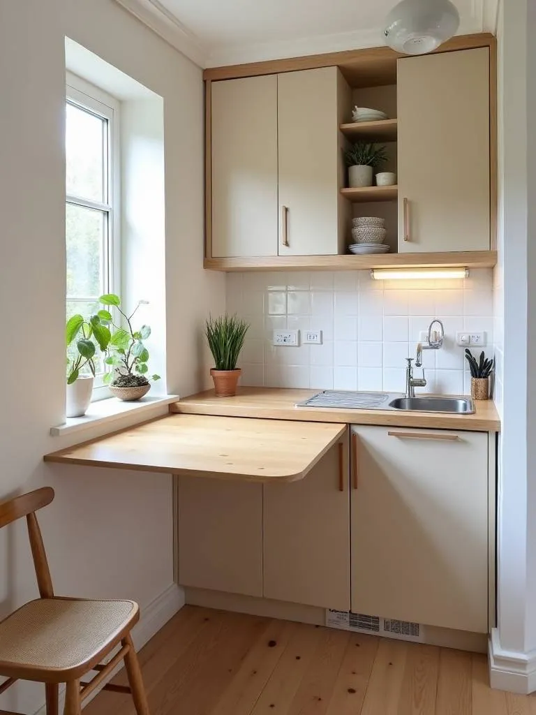 Small kitchen featuring a fold-down table attached to the wall, showing a flexible and space-saving dining area.