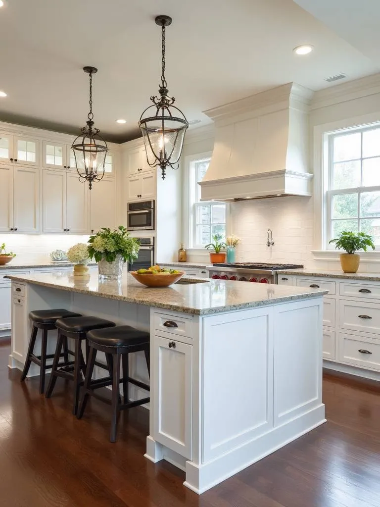 A kitchen island with white cabinets, a natural stone countertop, and elegant lighting.