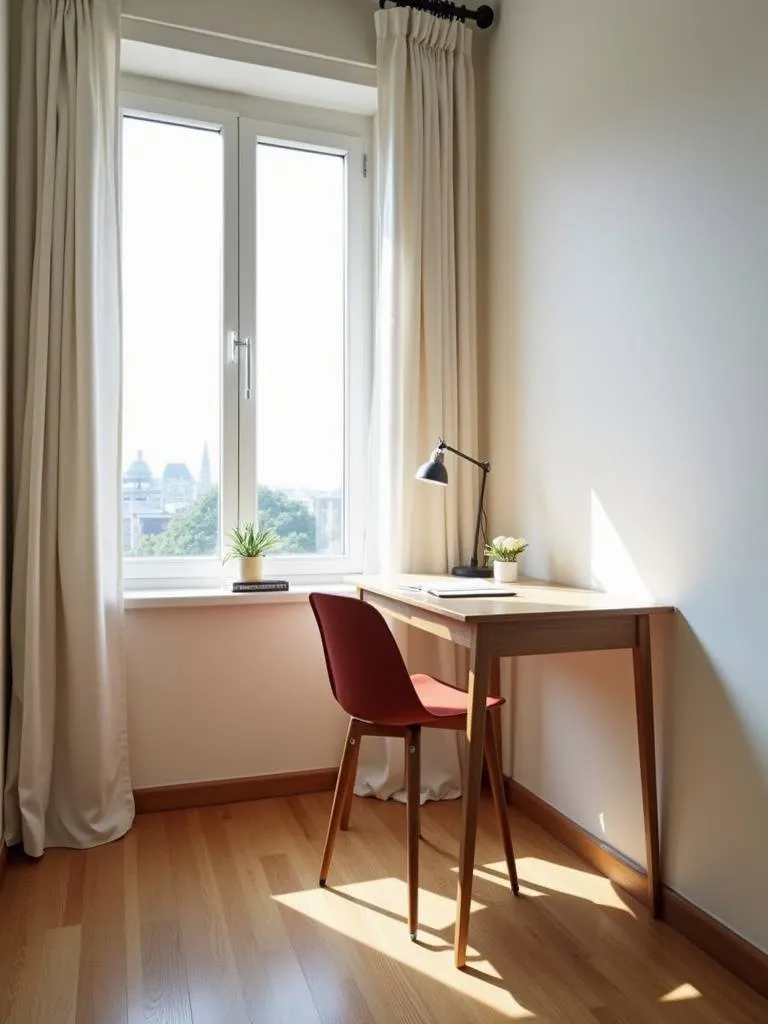 A small bedroom features a slim wall mounted desk.