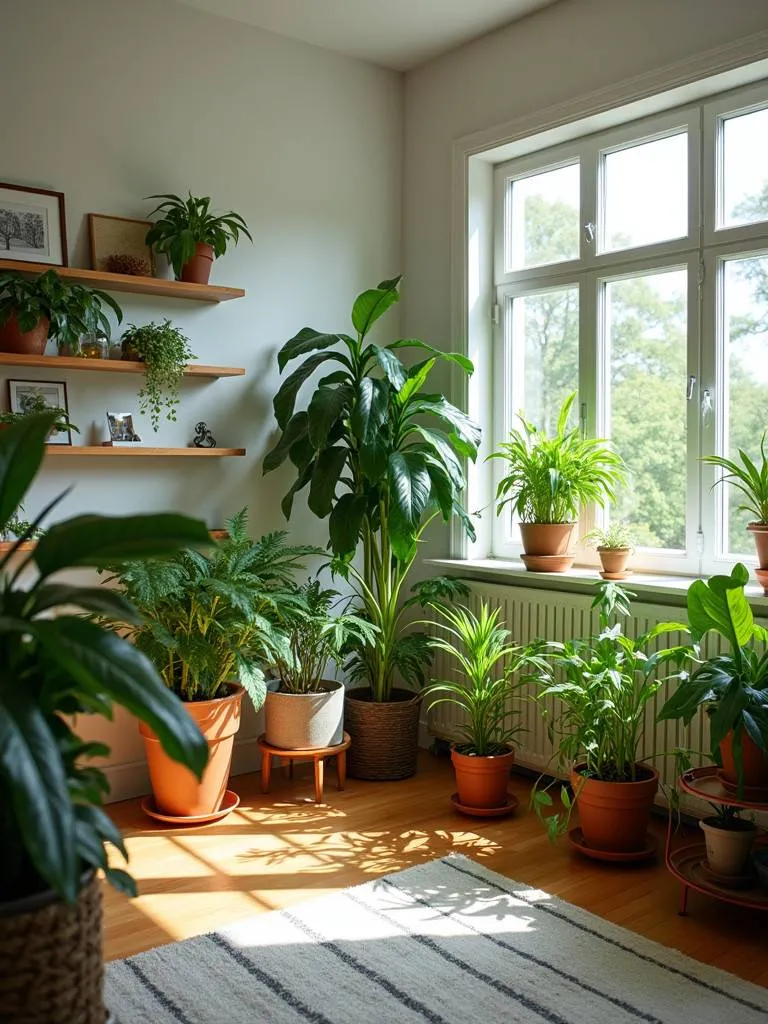 A living room with various indoor plants, arranged to enhance the space.