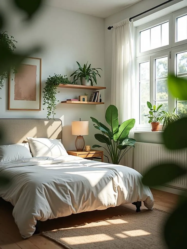 A cozy bedroom filled with lush indoor plants.