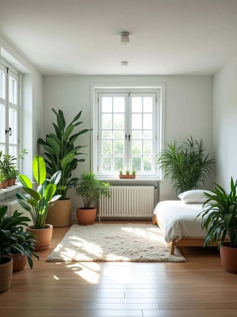 A bedroom featuring indoor plants, bringing a touch of nature and freshness to the modern space