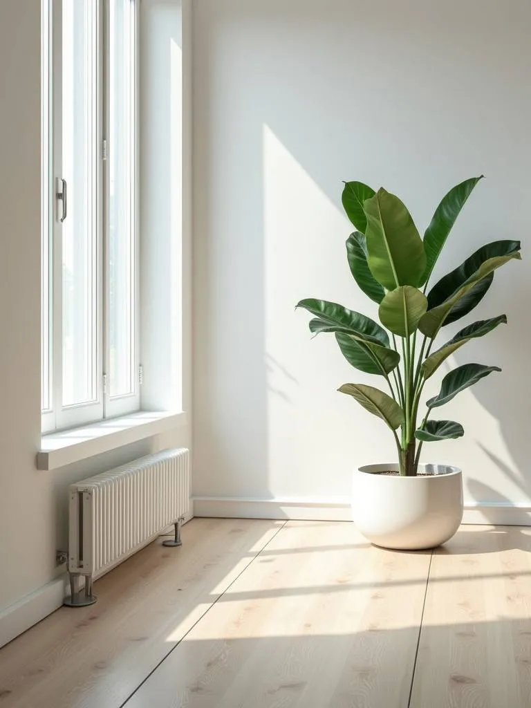 n indoor potted plant brings nature into a minimalist living room.
