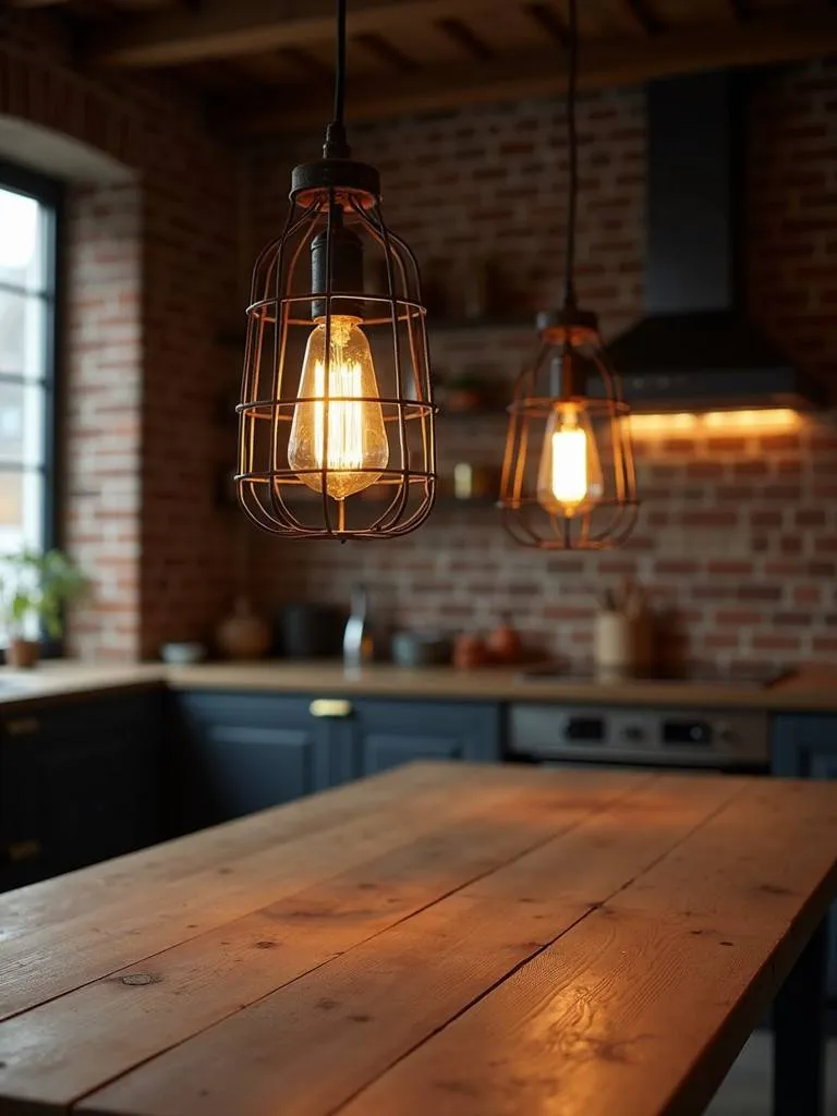 A rustic kitchen featuring industrial cage pendant lights above a wooden table